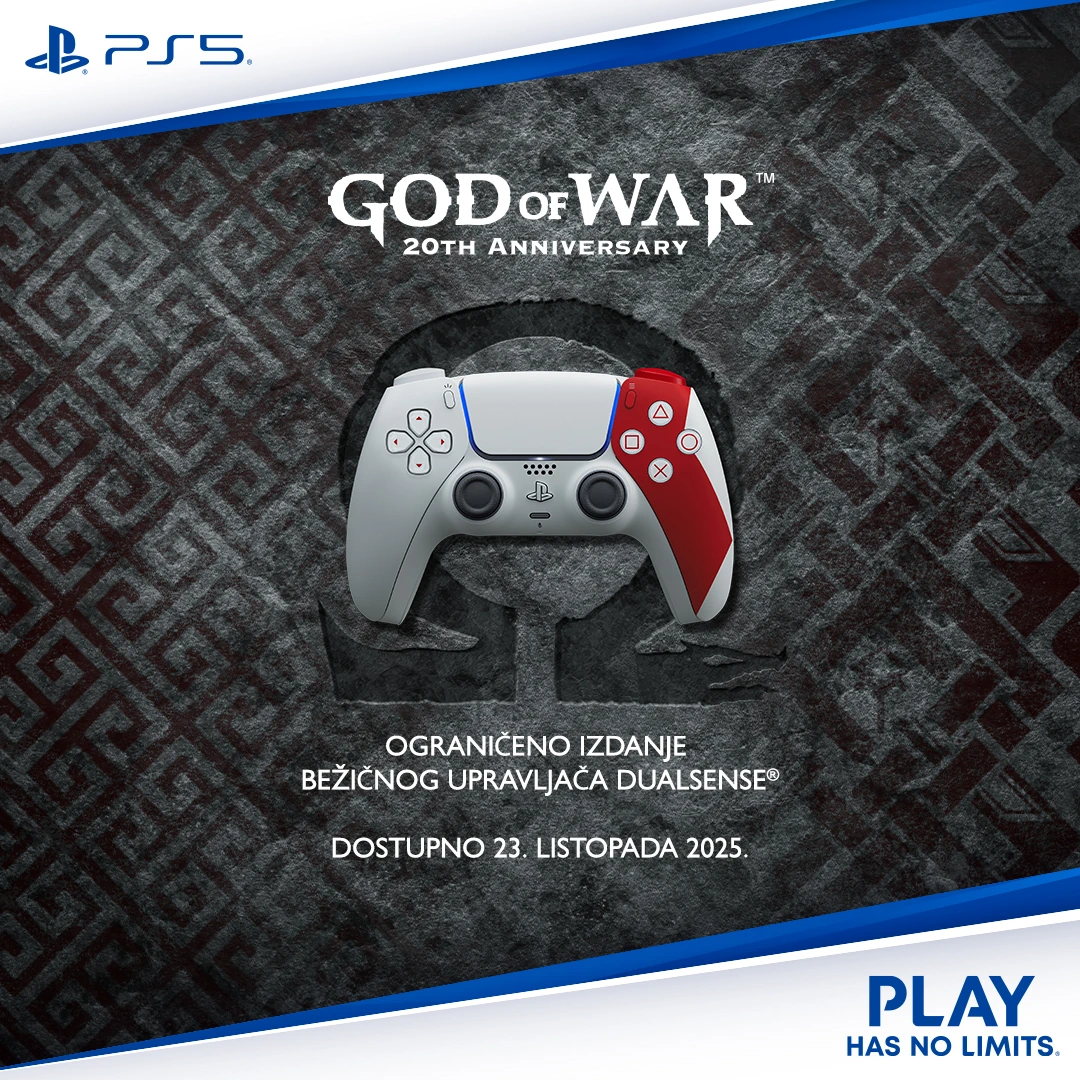 Oslobodi svoj Spartanski bijes uz <b>God of War DualSense®</b> bežični kontroler povodom 20. obljetnice – dostojan samo za ruke božanstva.
